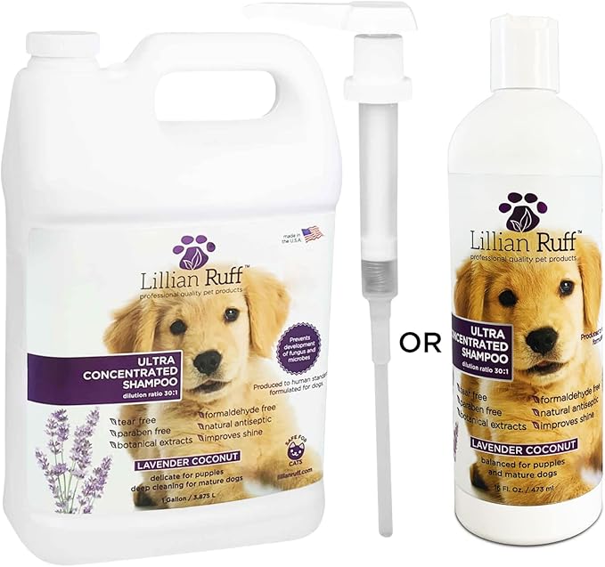 Lillian Ruff High Concentrate Professional Grooming Shampoo for Dogs with Hydrating Essential Oils – 30:1 Concentration for Bathing System - Clean, & Deodorize Dry, Sensitive Skin (Gallon/Pump)