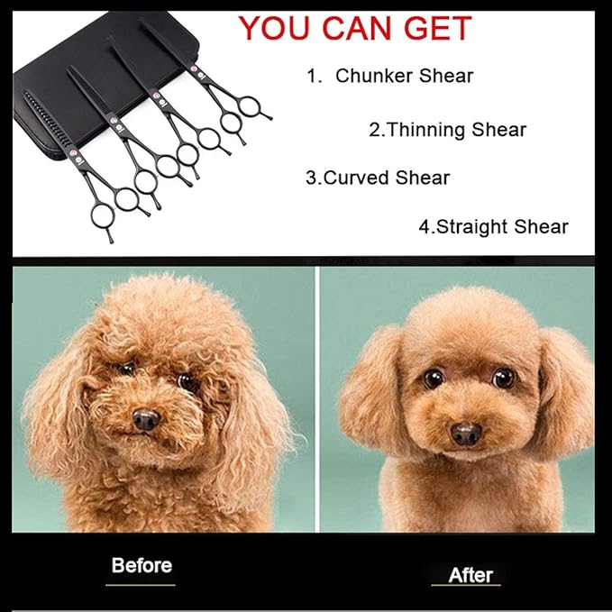 Dream Reach 7.0 Inches Professional Pet Cat Dog Grooming Shears Scissors, Straight, Curved, Thinning/Blending/Chunking Scissors Kit (4-Set Blunt Tip)