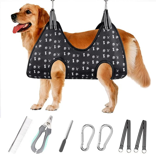 Pet Grooming Hammock Harness with Nail Clippers/Trimmer, Nail File, Comb, Cute Printed Breathable Cats & Dogs Hammock Sling for Grooming (XL, Black)