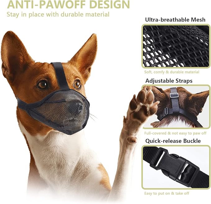 Whongkidz Dog Muzzle for Extra Small Sized Dogs, Air Mesh Dog Mouth Cover Allow Drinking No Biting Chewing for Dogs That Eat Everything (Black, XS)