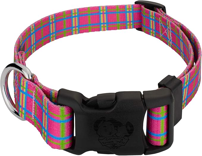 Country Brook Petz - Deluxe Bubblegum Pink Plaid Dog Collar - Made in The U.S.A. - Plaid and Argyle Collection Featuring Charming Designs (1 Inch, Large)