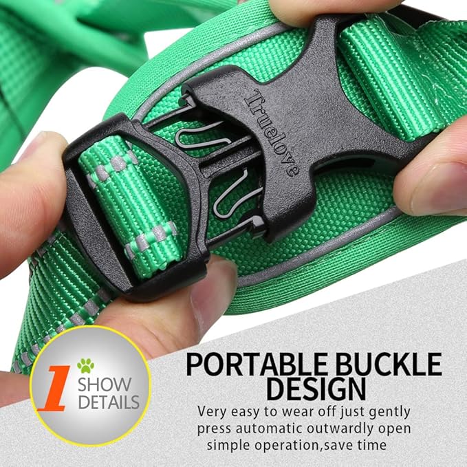Truelove Soft Front Dog Harness .Best Reflective No Pull Harness with Handle and 2 Leash Attachments Grass Green