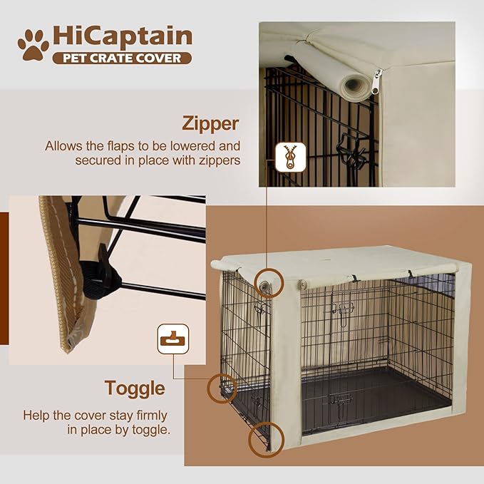 HiCaptain Polyester Dog Crate Cover - Durable Windproof Pet Kennel Cover for Wire Crate Indoor Outdoor Protection (48 inches, Light Tan)