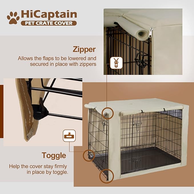 HiCaptain Polyester Dog Crate Cover - Durable Windproof Pet Kennel Cover for Wire Crate Indoor Outdoor Protection (36 inches, Light Tan)