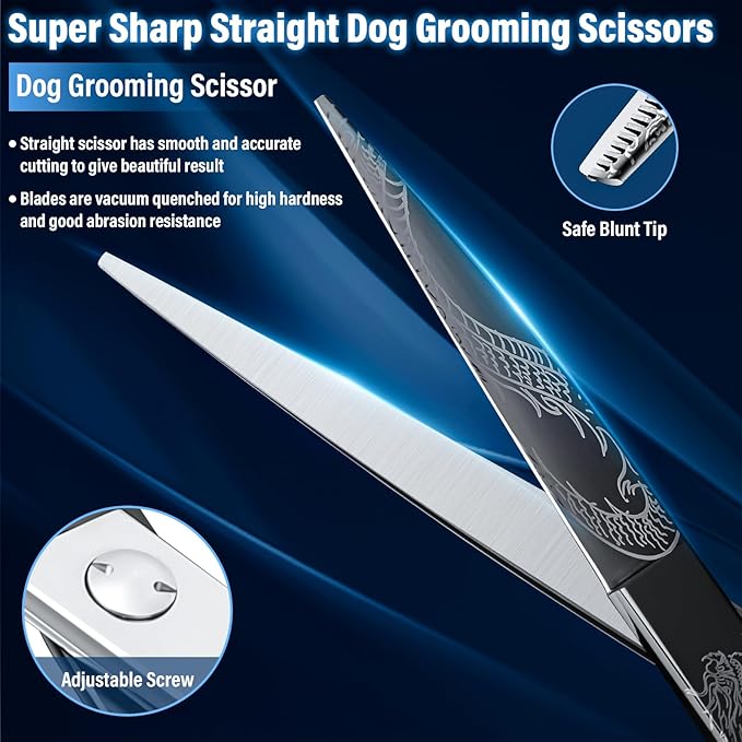 Purple Dragon Dog Grooming Scissors 7-Inch Straight - Professional Pet Hair Trimming Shears for Dogs & Cats, Sharp 440C Japanese Steel, Ergonomic Design for Comfort and Precision