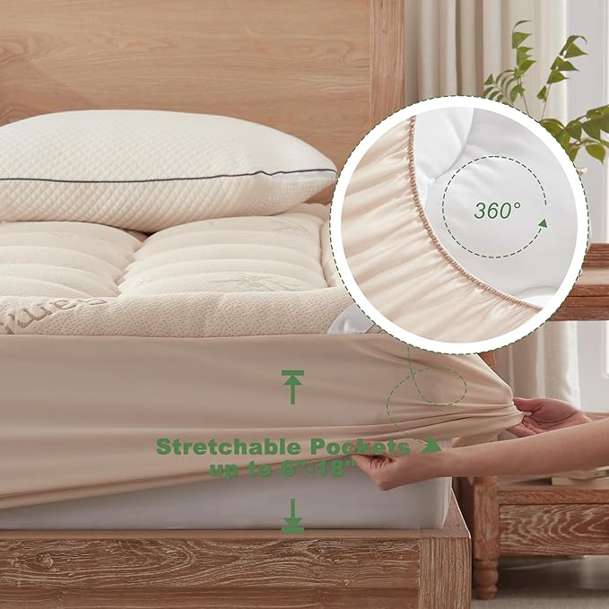 BEDLORE California King Mattress Topper Viscose Derived from Bamboo, Thick Pillow Top Mattress Pad with Stretchable Pockets for 6"-18" Mattress, Soft Mattress Topper for Back Pain Relief(Beige)