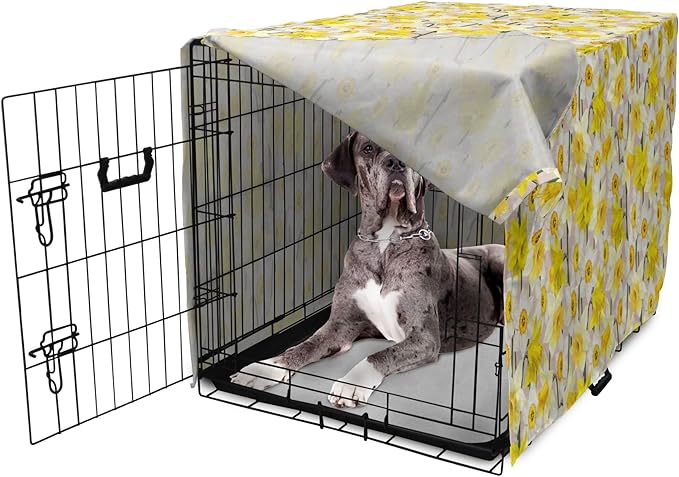 Lunarable Daffodil Dog Crate Cover, Gentle Nature Theme Blooming Spring Season Realistic Romantic Bedding Plants, Easy to Use Pet Kennel Cover for Medium Large Dogs, 48 Inch, Yellow Green Tan