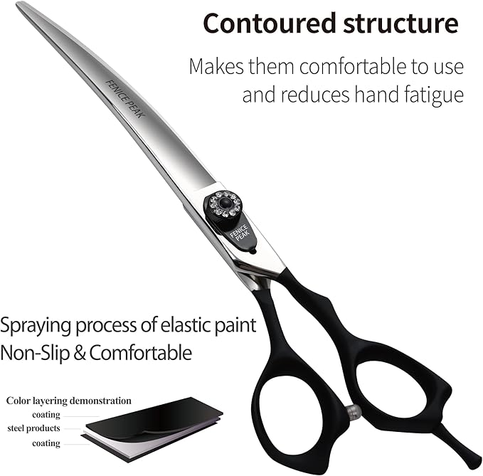 Fenice Peak 7.5'' Professional Curved Dog Grooming Scissors Heavy and Anti-Slip Black Handler 440C Stainless Steel Pet Cutting Shears Safety Trimming Shearing for Dogs Cats