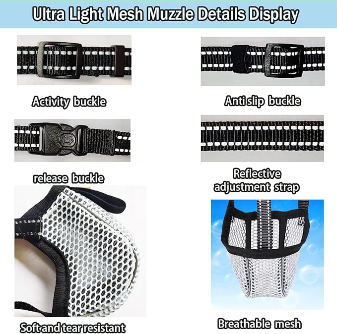 Large Dog Muzzle, Muzzle for Large Dogs to Prevent Eating/Chewing/Biting, Breathable Reflective Adjustable Medium Dog Accessories Dog Muzzle (Grey, S)