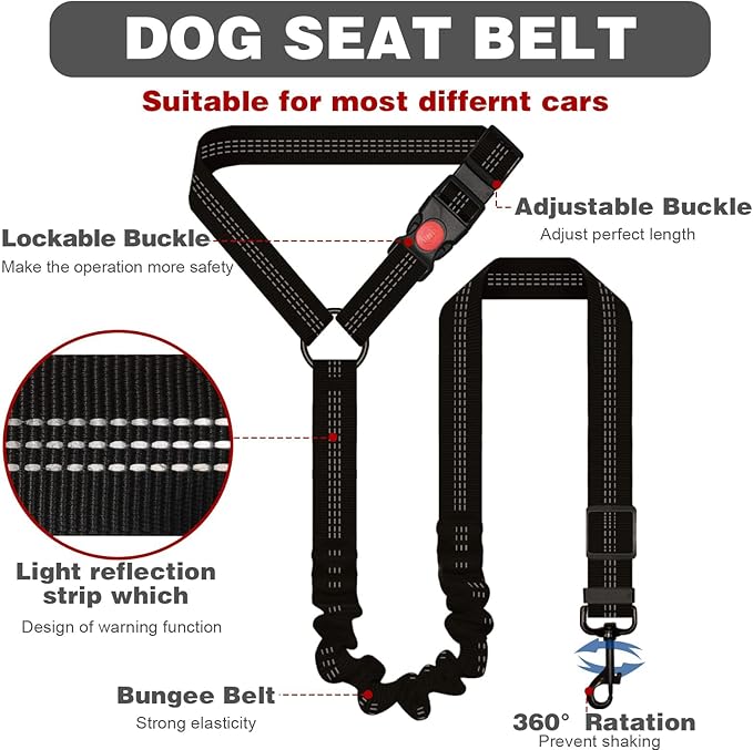Dog Seat Belt,Retractable Dog Seatbelts Harness for Car,Adjustable Headrest Seatbelt Pet Safety Seat Belts with Elastic Bungee Buffer and Restraint Reflective (Black/2 Piece)