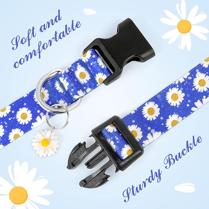 BiPawTi Floral Dog Collars for Large Dog - Soft Cute Dog Collars for Girls Dog Pretty Flower Collar with Daisies Charms, Gift for Female Male Boys Girls Dogs (L, Blue)