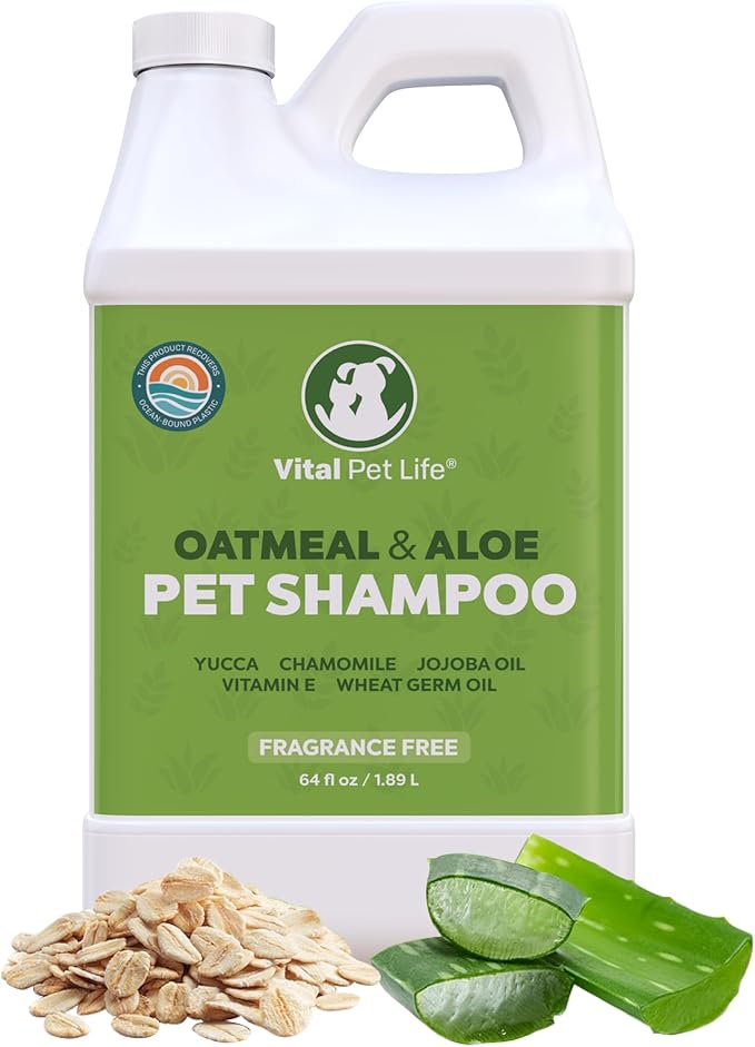 Dog Shampoo with Oatmeal, Aloe Vera, Chamomile, Jojoba Oil, Vitamin E - Natural Ingredients, Helps Allergies Dry Coats & Itchy Sensitive Skin, No Parabens or Artificial Dyes, 64 oz