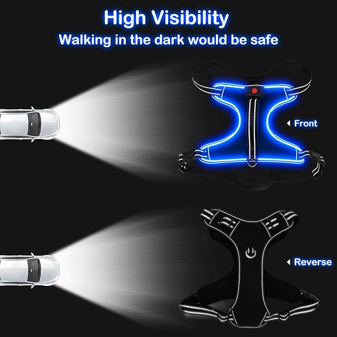Light Up Dog Harness No Pull LED Dog Harness with Handle Vizbrite Rechargeable Lighted Dog Vest Harness for Small/Medium/Large/X-Large Size Dogs No Pull, 4 Point Adjustable Dog Harness