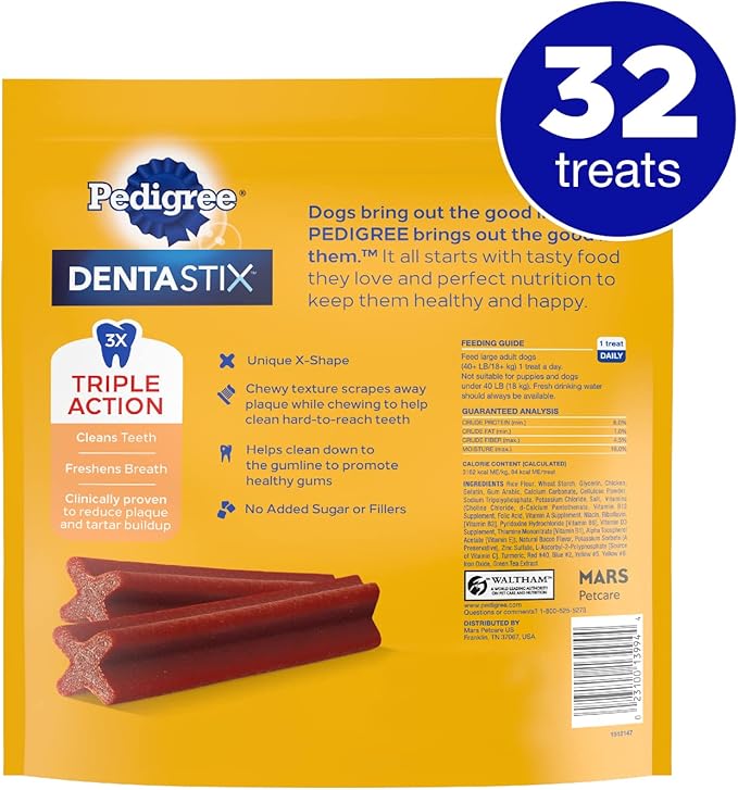 PEDIGREE DENTASTIX Large Dog Dental Treats Bacon Flavor Dental Bones, 1.67 lb. Pack (32 Treats)
