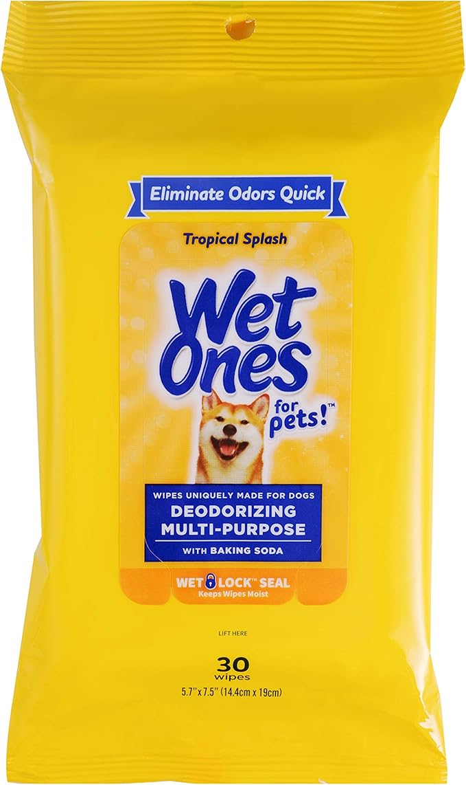 Wet Ones for Pets Deodorizing Multi-Purpose Dog Wipes With Baking Soda Dog Deodorizing Wipes For All Dogs in Tropical Splash Scent,Wet Ones Wipes with Wet Lock Seal Pouch Dog Wipes(Pack of 1,30 Count)