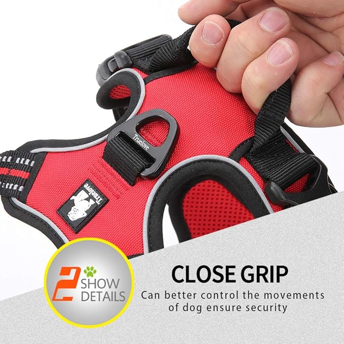 Soft Front Dog Harness .Best Reflective No Pull Harness with Handle and 2 Leash Attachments Red