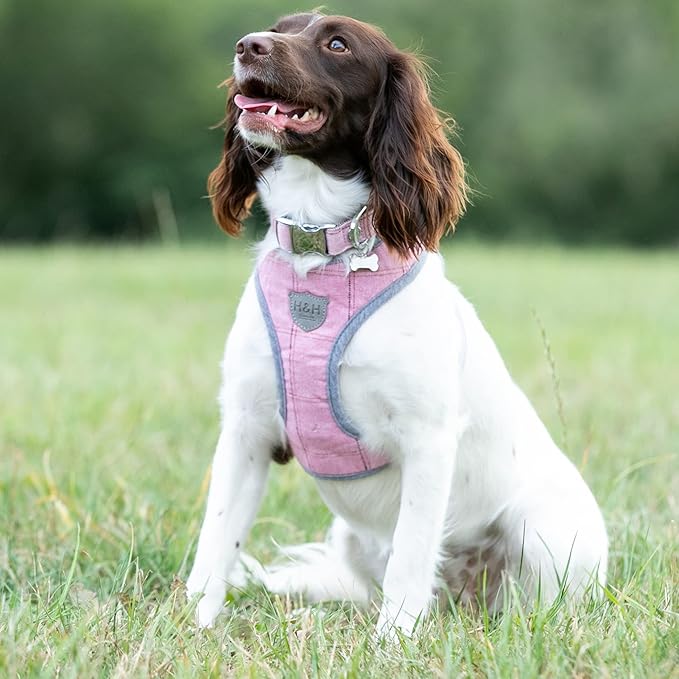HUGO & HUDSON Dog Harness, No-Pull Anti Choke Tweed Harness Vest, Pink Checkered, L