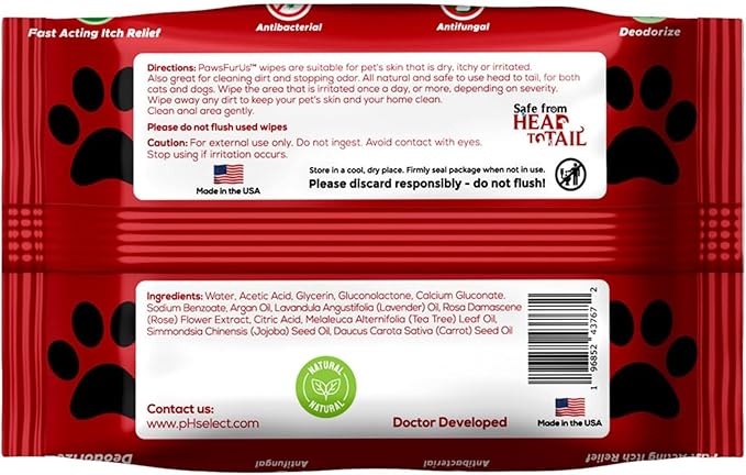 PawsFurUs® All-Natural Pet Wipes for Dogs & Cats - Doctor-Formulated for Total Pet Care with Antifungal & Antibacterial Protection, pH Balancing, Moisturizing, Deodorizing & Fast Itch Relief - 72ct.