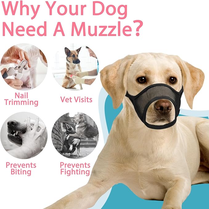 LUCKYPAW Dog Muzzle, Mesh Dog Muzzle for Large Medium Small Dogs, Soft Muzzles for Biting Chewing Fierce Barking, Breathable Muzzle with Adjustable Strap for Training (Black, M(Snout:8.75"-9.5"))