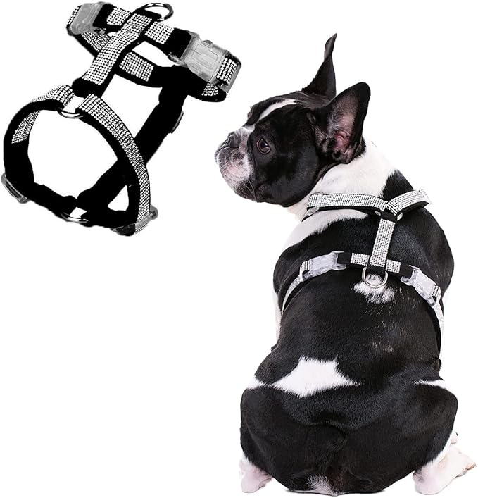 Dog Reflective Rhinestone Harness, No Pull Adjustable D-Ring Harness Walking Harness for Small Meduim Large Dog(Black,XS)