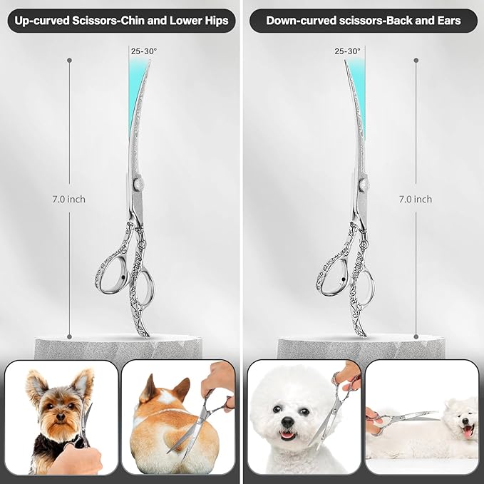 Dog Grooming Scissors,Silver with Safety Round Tips,5 in 1 Curved Dog Scissors for Grooming,Professional Pet Grooming Shears Set for Dogs and Cats