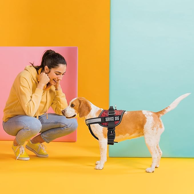 Dogline Unimax Dog Harness Vest with Service Dog Patches Reflective No-Pull, Adjustable Straps, Breathable Neoprene for Medical, Service, Identification and Training Dogs Girth 15 to 19" Zebra Red