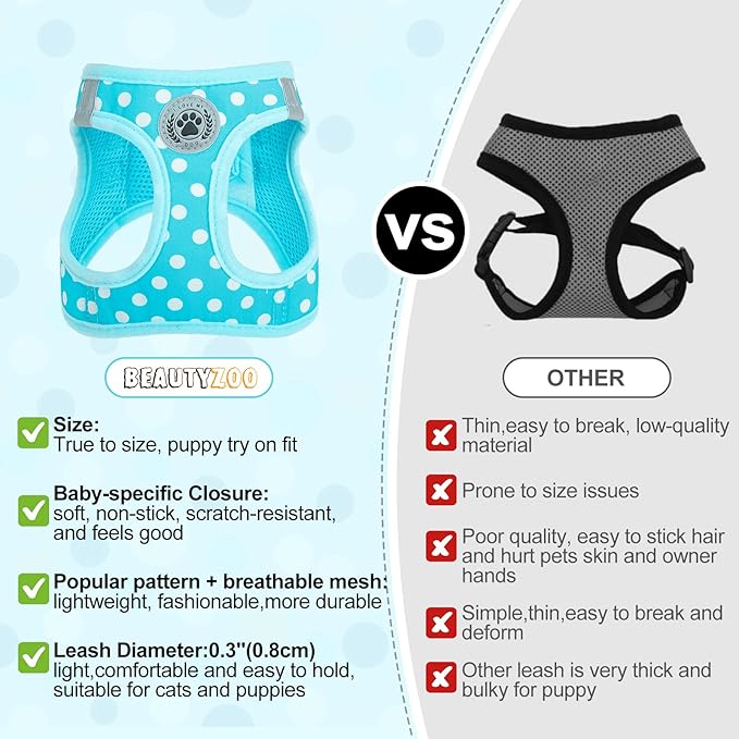 BEAUTYZOO Step in Dog Harness and Leash Set, Polka Dot Pattern Reflective Dog Harness No Pull No Choke Puppy Harness for XXS XS S Dogs Cats, Soft Padded Mesh Vest Harnesses for Girl and Boy Pets