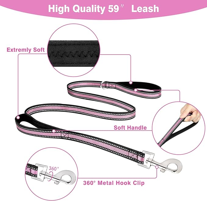 WINSEE Pet Harness Collar and Leash Set, All-in-one Reflective Dog Harness No Pull with Adjustable Buckles for Puppies, Small, Medium, Large, and Extra-Large Dogs (X-Large, Pink)