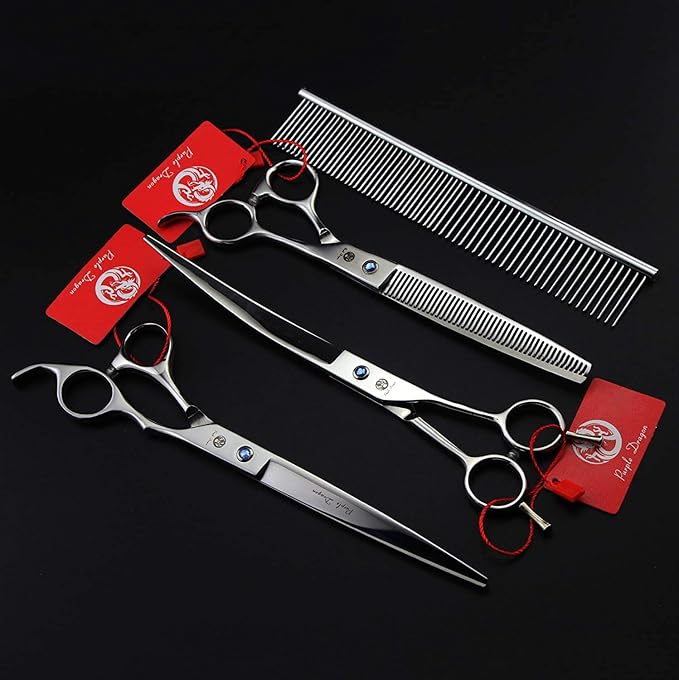 Purple Dragon 8.0 inch Dog Hair Cutting, Curved and Thinning Scissor Shears Pet Grooming Tool Kit