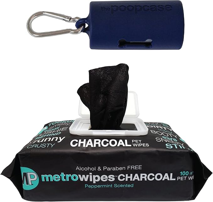MetroPaws Peppermint Dog Wipes, 100 Extra Large, Thick Cleaning Wipes & The Dog Waste Bag Dispenser & Holder, Bag Holder With 20 Bags for Leash - Navy
