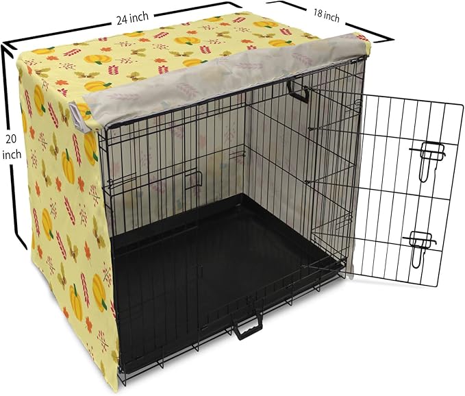Lunarable Autumn Pumpkin Dog Crate Cover, Seasonal Image with Fall Botanical Elements Leaves and Acorns, Easy to Use Pet Kennel Cover for Cats & Medium Dogs, 24 Inch, Pastel Yellow Multicolor