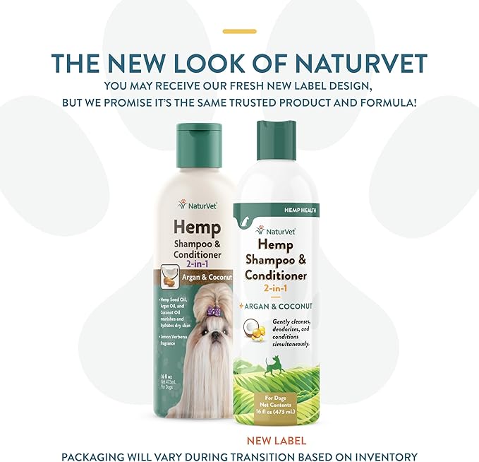 NaturVet Hemp Shampoo & Conditioner 2-in-1 with Argan and Coconut for Dogs, 16oz Liquid, Made in The USA