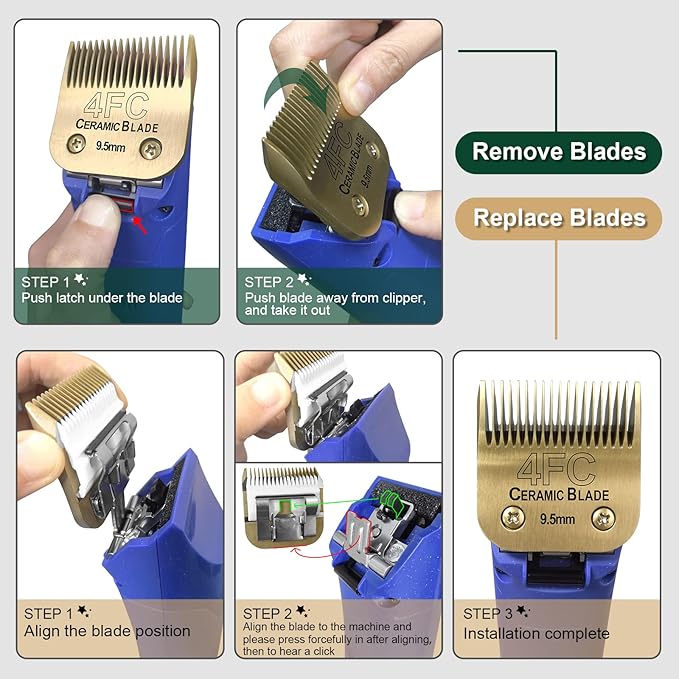 Detachable Pet Dog Grooming Clipper Ceramic Blades Set,Compatible with Andis,Oster A5,Wahl KM10 Series Clippers,Size 7FC/5FC/4FC/3FC 4 Pack,Gold