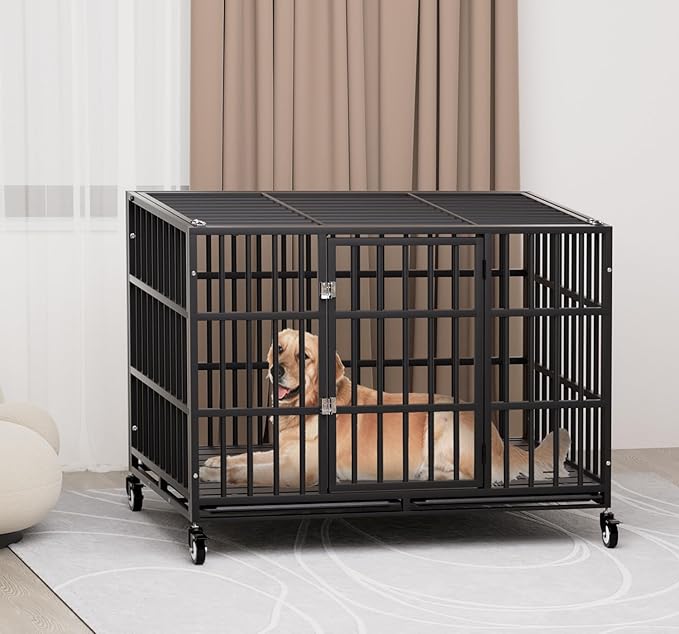 48 Inch Heavy Duty Dog Crate with Wheels，Indestructible Escape-Proof Dog Cage for Large Dogs, Extra Large XL XXL Indestructible Dog Crate with Removable Tray.