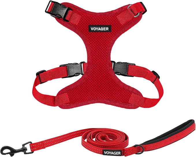 Voyager Step-in Lock Dog Harness w Reflective Dog Leash Combo Set with Neoprene Handle 5ft - Supports Small, Medium and Large Breed Puppies/Cats by Best Pet Supplies - Red, M