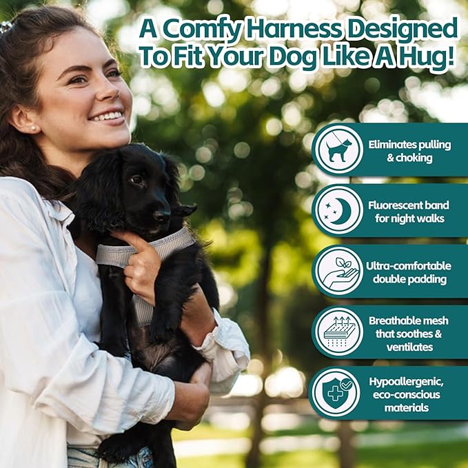 Dog Harness with Multifunction Dog Leash,No Pull Reflective Step-in Harness for Soft Adjustable No Choke Escape Proof,Easy Walk Dog Harness for Medium Dogs (Beige &Grey, M)