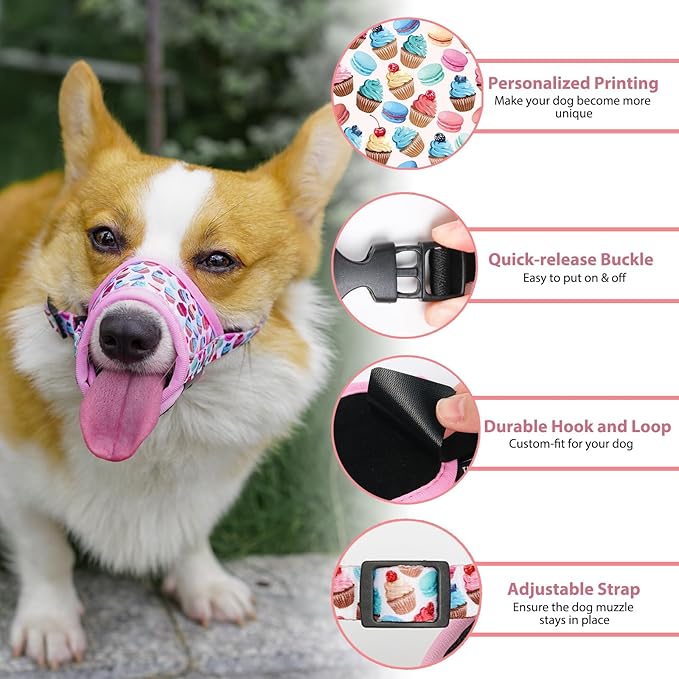 LUCKYPAW Dog Muzzle, Soft Dog Muzzles for Small Medium Large Dogs, Breathable Muzzles to Stop Biting and Chewing with Pattern, Allows Panting and Drinking (M-(Snout 5½"-8"), Pink Cake)