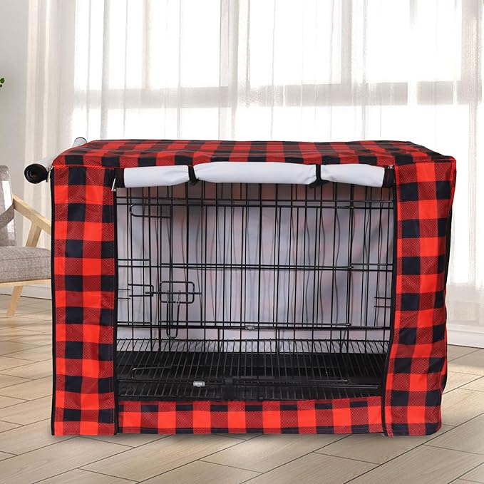 Pethiy Dog Crate Cover Durable Polyester Pet Kennel Cover Universal Fit for Wire Dog Crate - Fits Most 30 inch Dog Crates - Cover only-Red Plaid-30