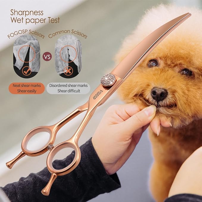 Rose Gold Titanium Curved Dog Grooming Scissors Reverse 7'' Downward 30° with Jewelled Screw Japan 440C Professional Pet Grooming Trimming Shears for Dogs Suzhi Teddy(7,Curved)