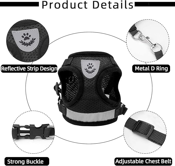 Cat Vest Harness and Small Dog Vest Harness for Walking, All Weather Mesh Harness, Cat Vest Harness with Reflective Strap, Step in Adjustable Harness for Small Cats (Black, S)