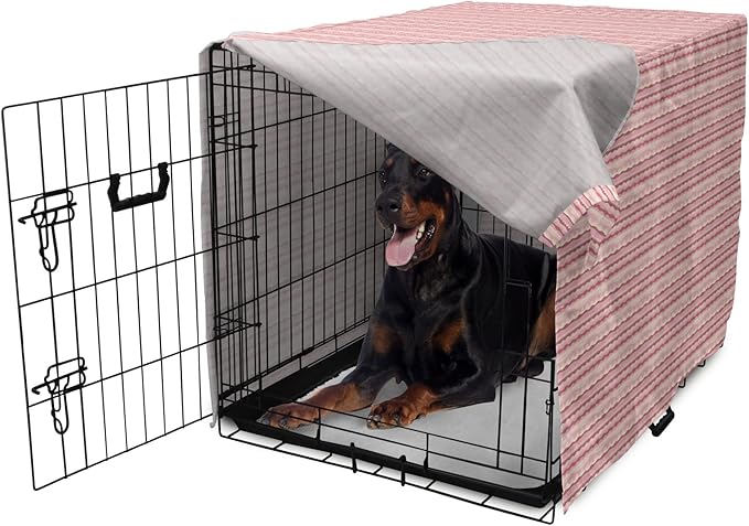 Lunarable Dusty Rose Dog Crate Cover, Doodle Style Waves Horizontal Stripes Simplistic Cheerful, Easy to Use Pet Kennel Cover for Medium Large Dogs, 42 Inch, Dried Rose Pale Pink