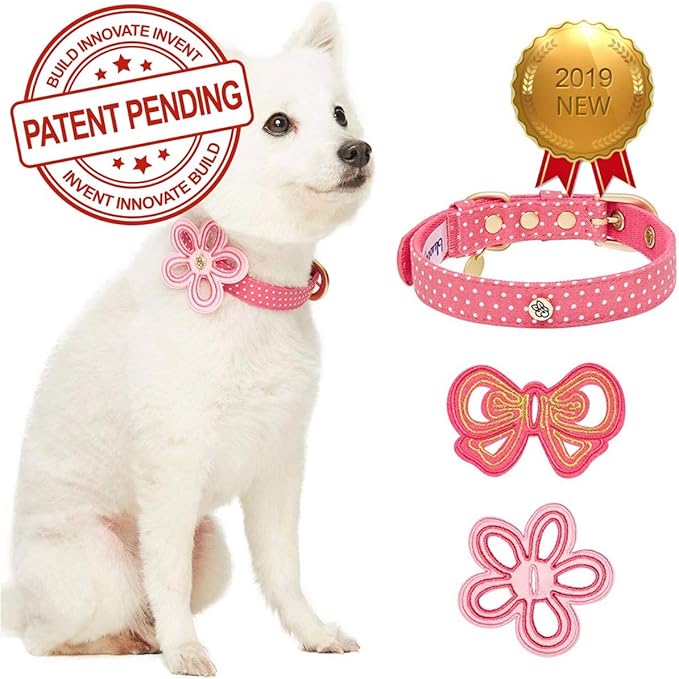 Blueberry Pet 2 Patterns Adjustable Dog Collar with Metal Buckle and 2 Detachable Bowtie - Pink Polka Dot, Neck 9-12.5", for Small Breed