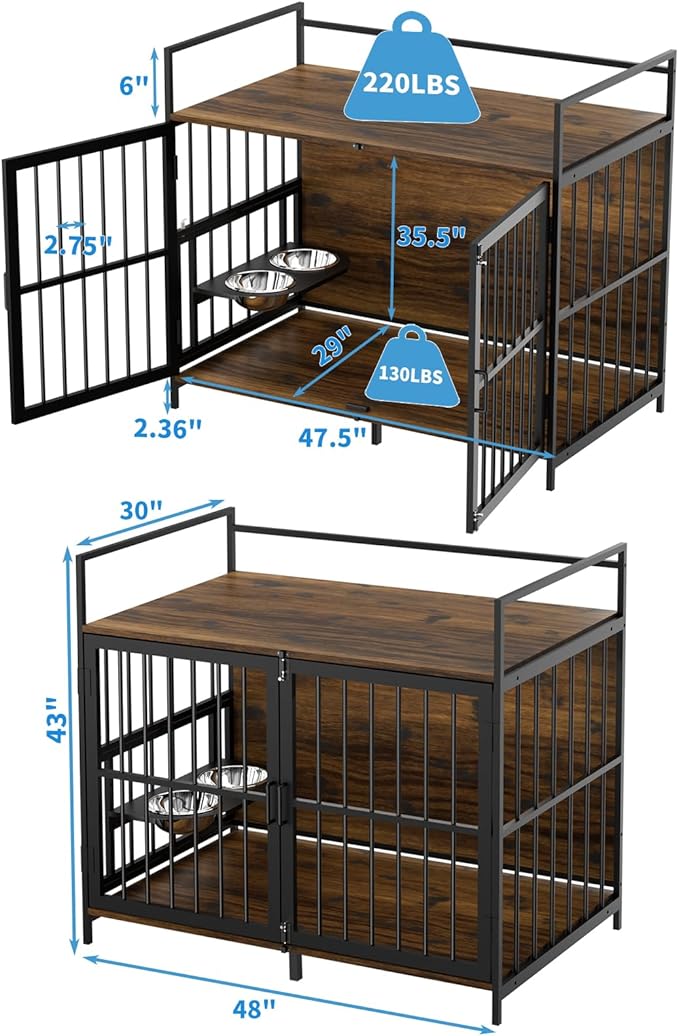 LOVMOR Dog Cage Furniture with Rotating Feeder Bowls, Dog Kennel Indoor with Cushion, Dog Crates for Large Dogs, 48" L X 30" W 43" H, Rustic Brown