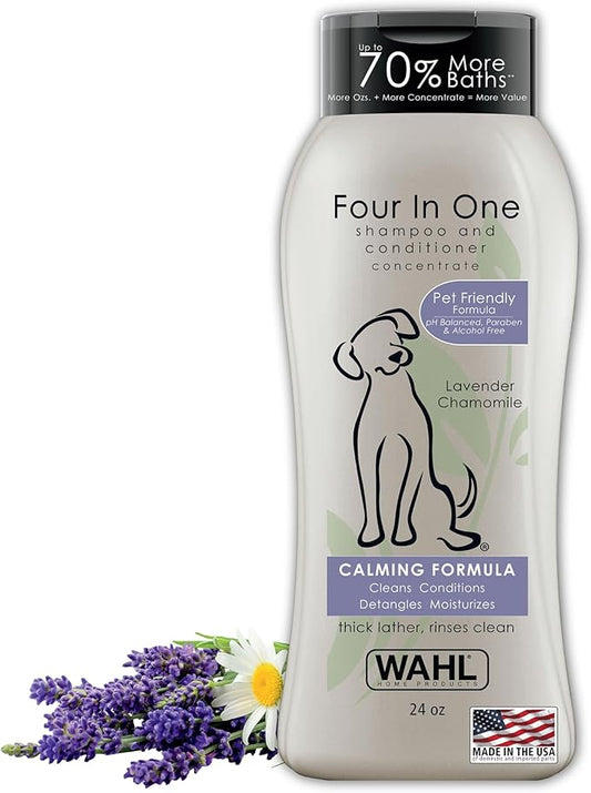 Wahl USA 4-in-1 Calming Pet Shampoo for Dogs – Cleans, Conditions, Detangles, & Moisturizes with Lavender Chamomile - Pet Friendly Formula - 24 Oz - Model 820000A