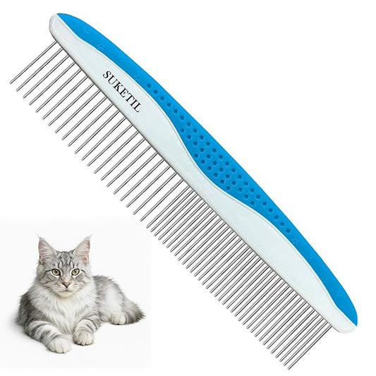 Dog Comb Stainless Steel Teeth, Dog combs for grooming matting, Dematting Comb for Dogs and Cat Removes Tangles & Knots (Blue)