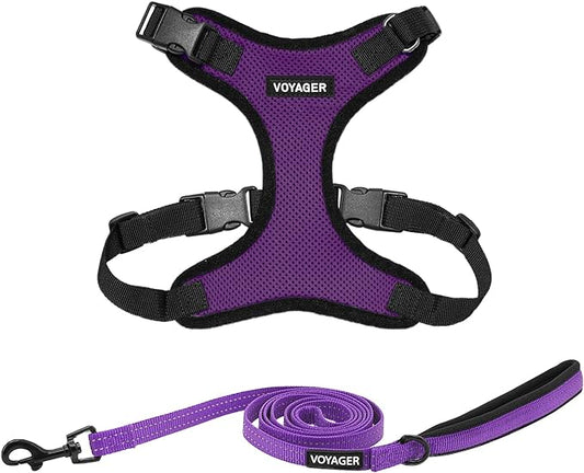 Voyager Step-in Lock Dog Harness w Reflective Dog Leash Combo Set with Neoprene Handle 5ft - Supports Small, Medium and Large Breed Puppies/Cats by Best Pet Supplies - Purple/Black Trim, L