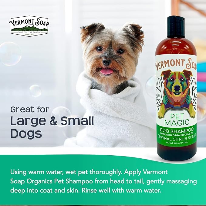 Vermont SOAP Organics Pet Shampoo - Infused with Organic & Natural Olive Oil, Coconut & Aloe Vera Dog Shampoo for Sensitive Skin - USDA Certified Grooming Pet Shampoo - Original Citrus (16oz)