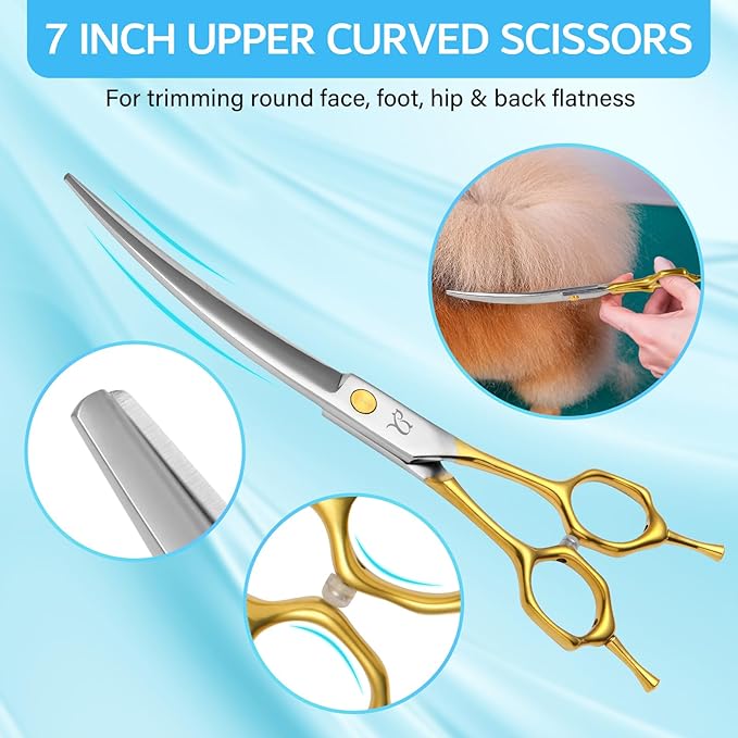 Dog Grooming Scissors,Curved Thinning Shears Dog Grooming with Safety Round Tips, Sharp and Comfortable 4 in 1 Dog Scissors for Grooming