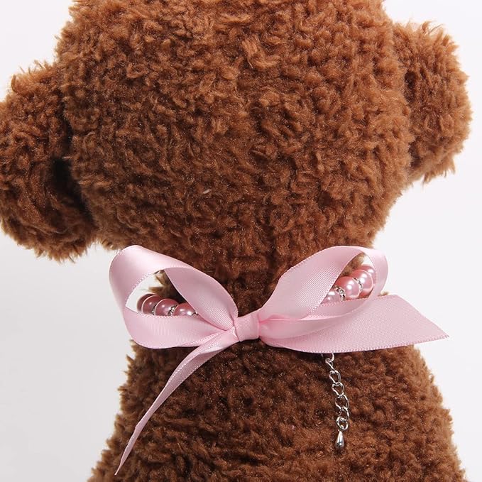 Dog Cat Pearls Necklace Collar with Bling Accessories and Ribbon Bow Pet Puppy Jewelry for Female Dogs Cats Small Medium (S, Pink)