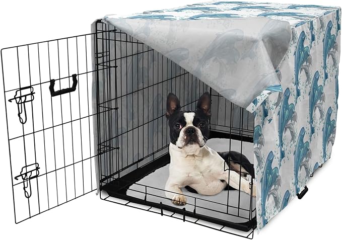 Lunarable Dolphin Dog Crate Cover, Happy Dolphins Jumping and Swimming in Deep Water Grey and Blue Mammals, Easy to Use Pet Kennel Cover for Small Dogs Puppies Kittens, 22 Inch, Blue Grey Slate Blue